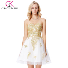 Grace Karin Strapless Sweetheart Golden Appliqued Robe de cocktail en tulle à la perle blanche GK000138-1